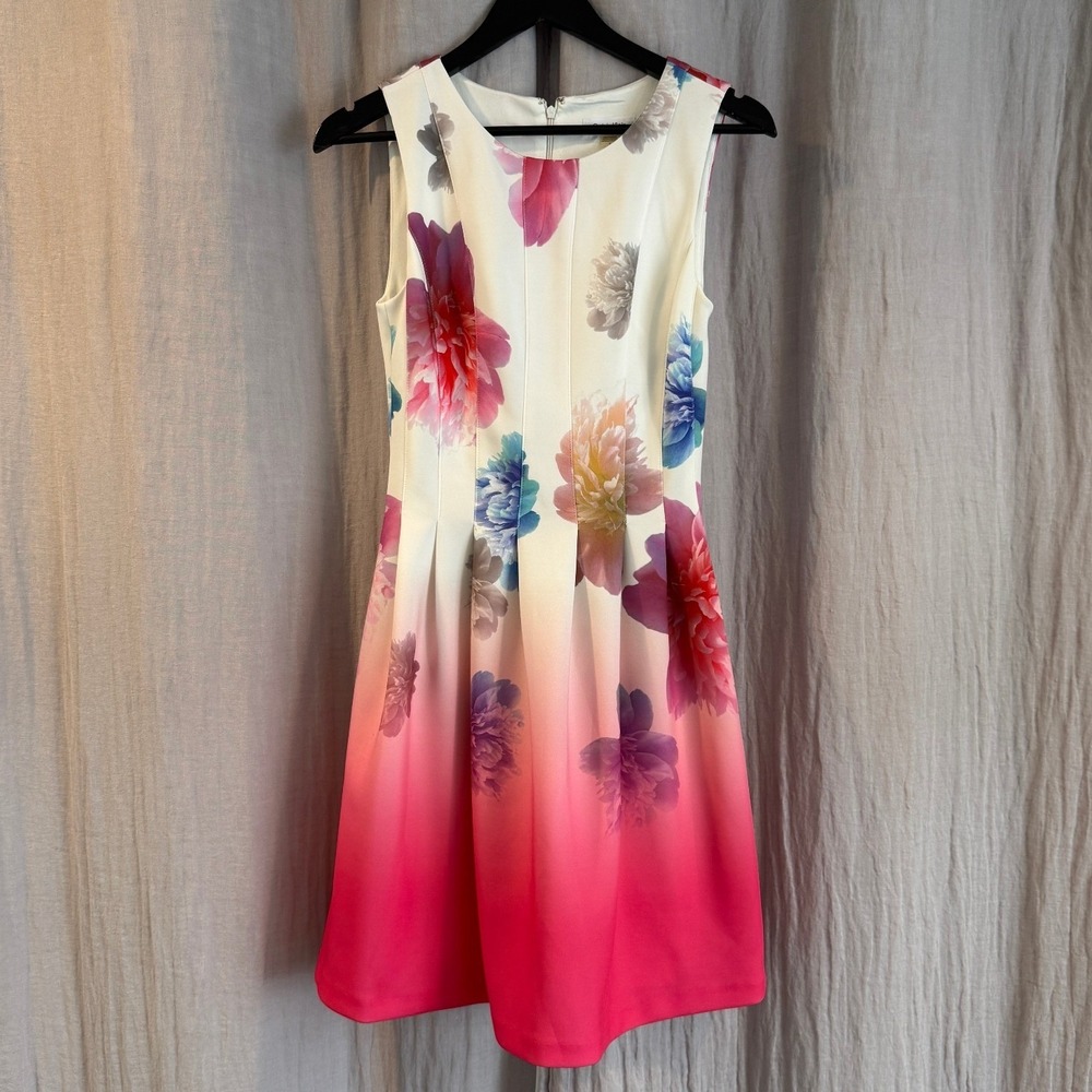 Calvin Klein Floral Ombre Fit and Flare Dress Pink White Sleeveless Mini